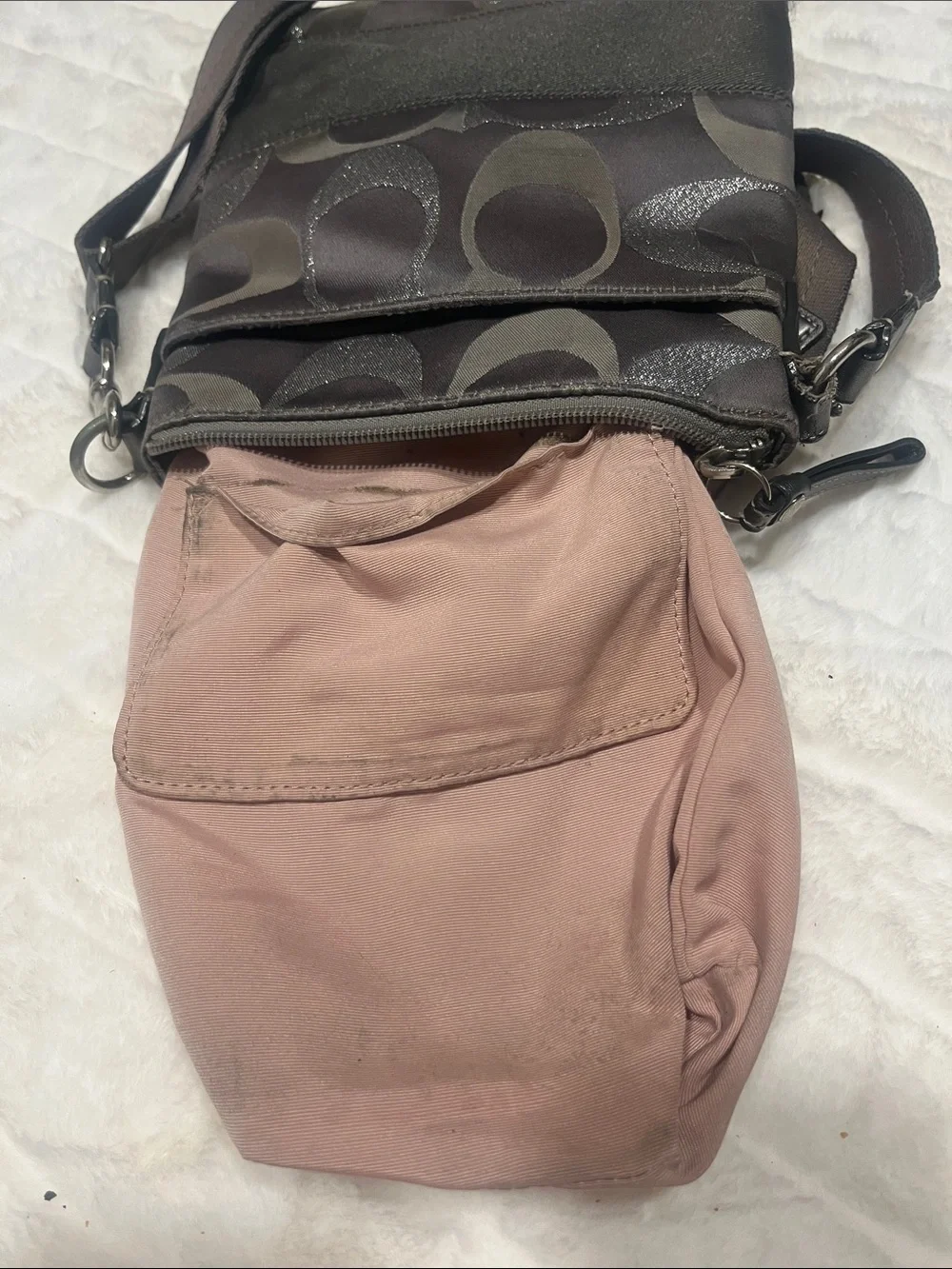 Coach grey and Silver Signature Crossbody with Black Front Band Y2K